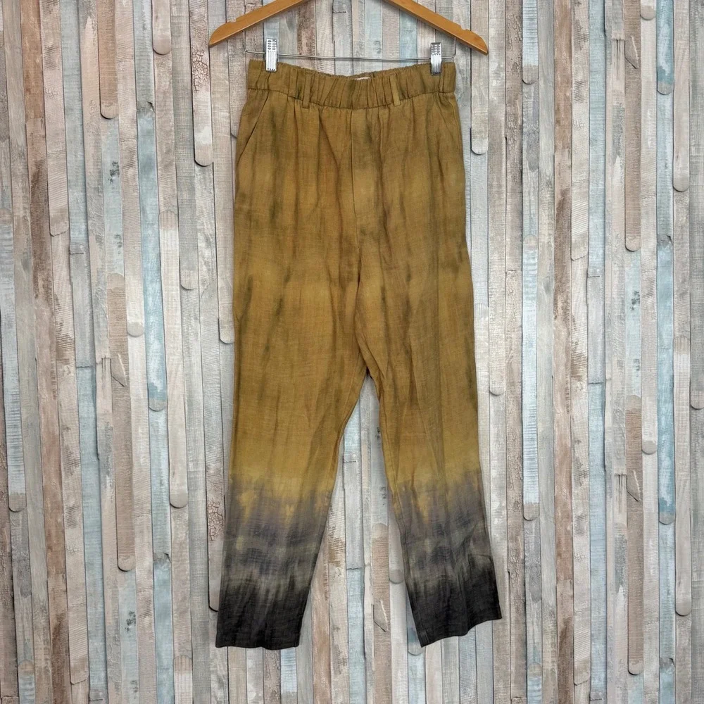 Zara XS Ombre Dip Tie Dye Linen Blend Pull On Trousers Pants Mustard Yellow Grey